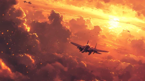Twin-engine jet aircraft formation in dense sunset clouds.