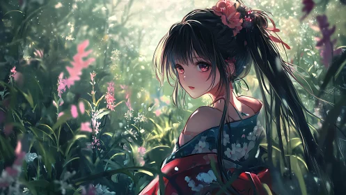Anime girl in patterned kimono sits in dense sunlit foliage