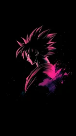 Neon-haired anime warrior emerges from inky darkness.