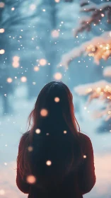 Backlit figure in snowy forest with bokeh light accents