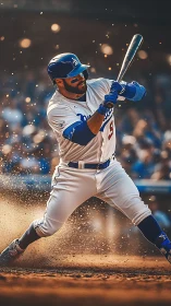 Intense baseball batter swinging through flying infield dirt.