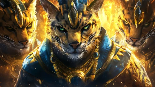 Divine felines ablaze with ethereal fire and celestial armor.