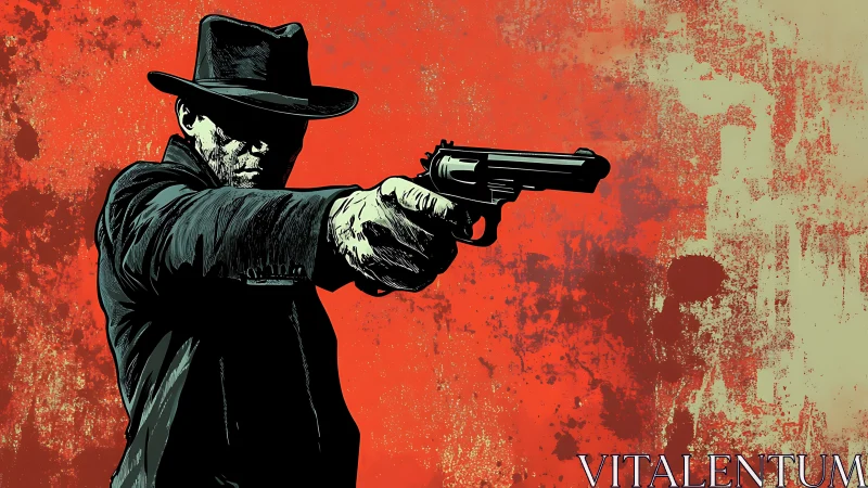 Stylized gunslinger silhouette aiming revolver against grunge field
