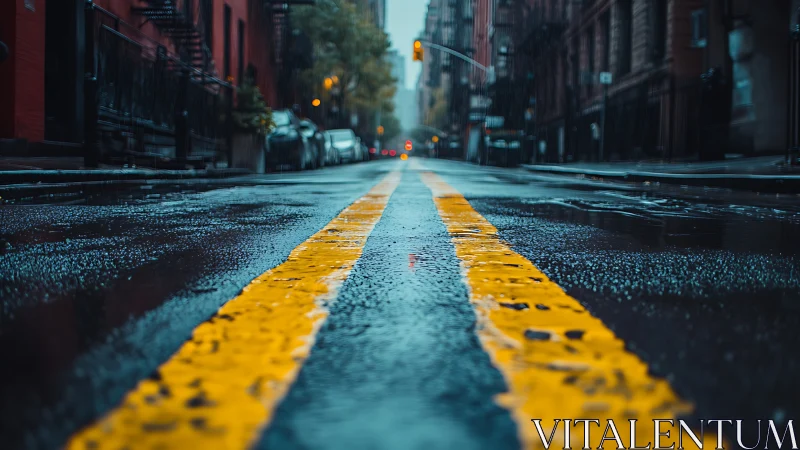 Wet urban street lines in shallow focus on rainy morning.