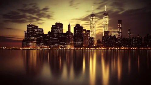 Urban skyline with twin towers at dusk over calm water.