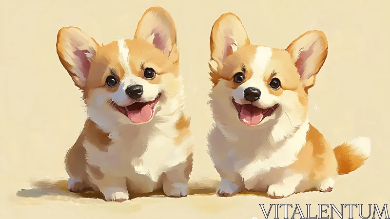 Sunlit corgi duo sharing bright smiles and bouncy joy.