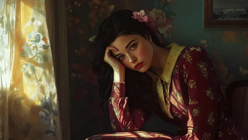 Young woman by floral window in patterned dress indoors.