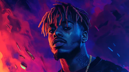 Neon-lit hip-hop portrait under vivid magenta-blue haze.