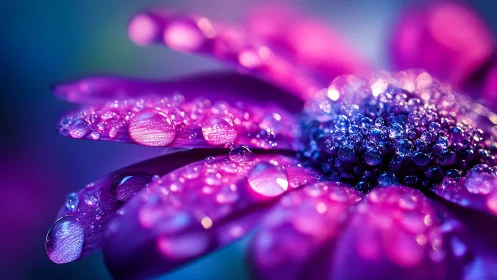 Macro purple daisy petals with sparkling water droplets.
