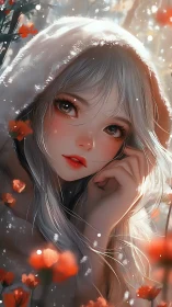 Winter-hooded silver muse amid ember-bright wildflowers.