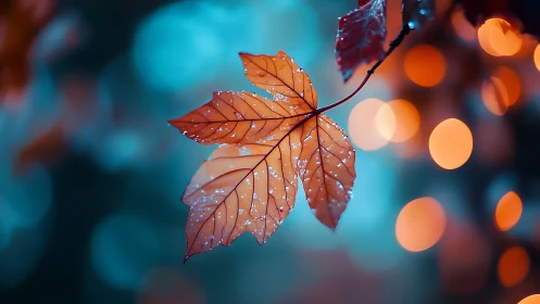 Macro analysis of dew-covered maple leaf against bokeh field.