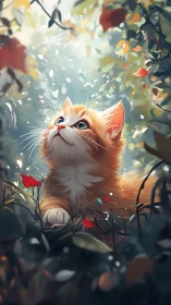 Orange Tabby Kitten with Upturned Gaze Amid Autumn Foliage Particles