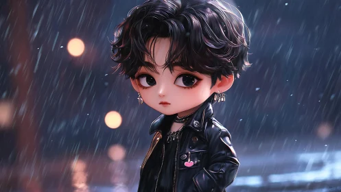 Chibi boy in leather jacket under neon rain at night.