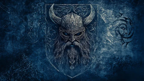 Viking warlord portrait with ornate horned helm in blue mist.