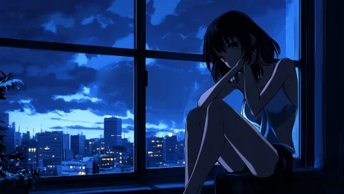 Pensive anime girl in blue-lit high-rise apartment window at dusk