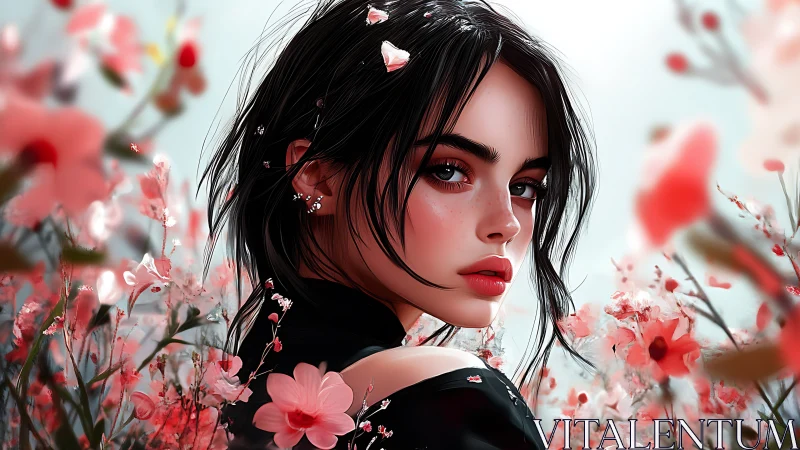 Digital portrait of dark-haired woman in shallow-focus floral field