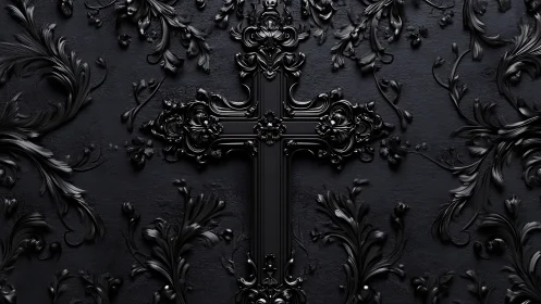 Baroque black cross emerges from ornate gothic flourishes
