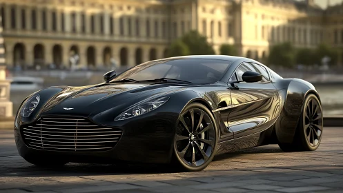 Sleek black supercar gleams beside elegant riverside plaza.