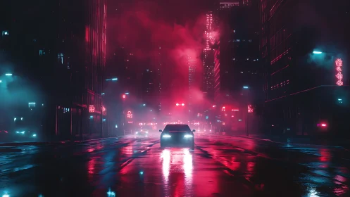 Neon lit city street with car in rain at night.