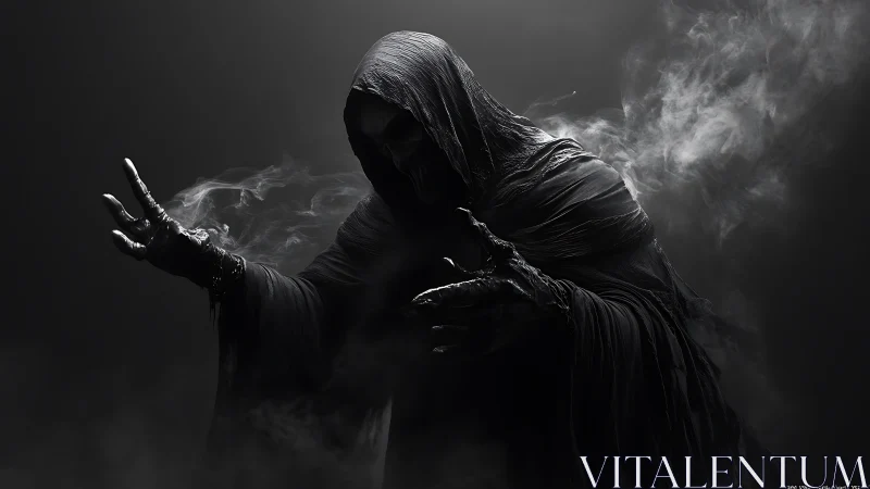 Hooded wraith conjures swirling smoke in eerie darkness.