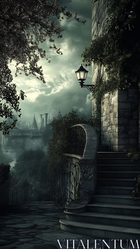 Moonlit stone stairway leading into a misty secret city.