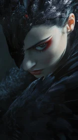 Dark avian sorceress in sculpted black feather armor.