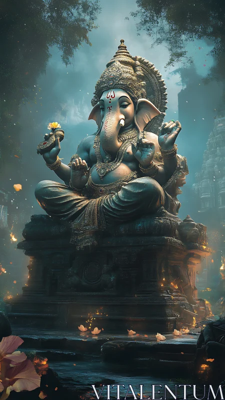 Mystical Ganesha statue in rain-soaked forest shrine at dusk.