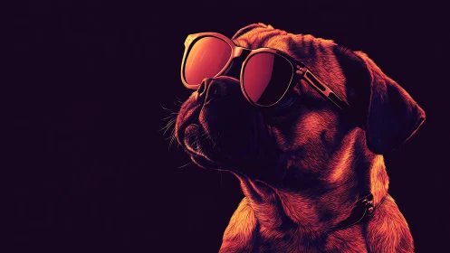 Stylish pug wears neon sunglasses against deep shadows.