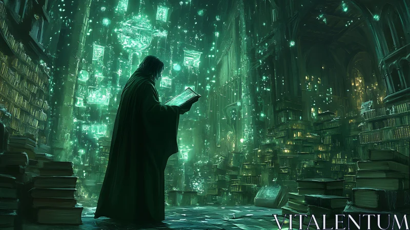 Mystic scholar studies glowing tome in vast arcane library.