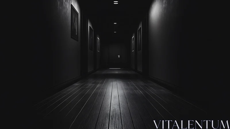 Dimly lit corridor extends toward a closed door at center