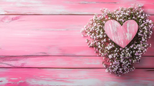 Carved Pink Heart Embedded Within Gypsophila Cluster on Distressed Wooden Surface