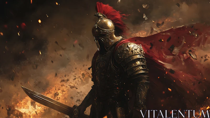 Armored warrior stands in firelit battlefield environment