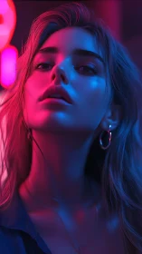 Woman’s face lit by contrasting neon blue and pink light