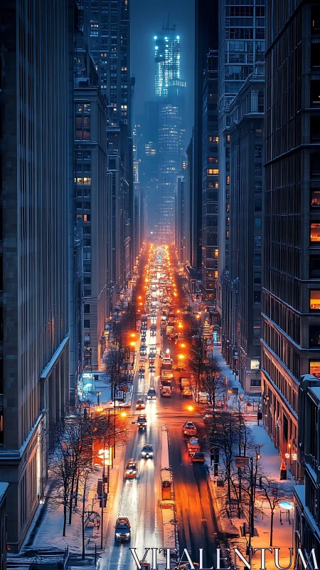 Snowy neon city avenue glows against a misty winter night