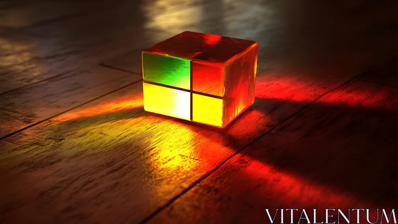 Glowing translucent cube on wooden floor in dramatic lighting.