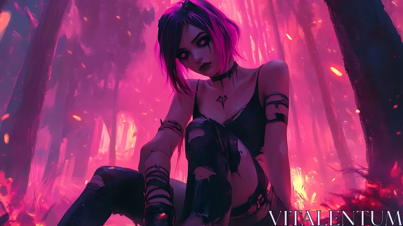 Neon-haired rebel rests in a burning, otherworldly forest.