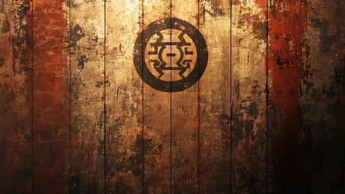 Weathered vertical panels with central circular emblem.