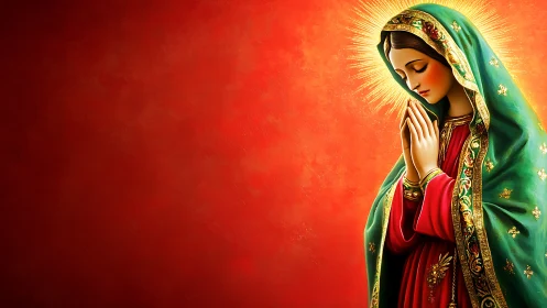 Praying woman in green mantle against vivid red background.