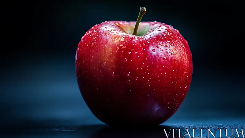Single red apple is positioned centrally against dark background