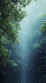Heavy rainfall on natural landscape with foliage.