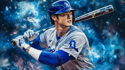 Electric baseball hitter readies a powerful swing in blue energy