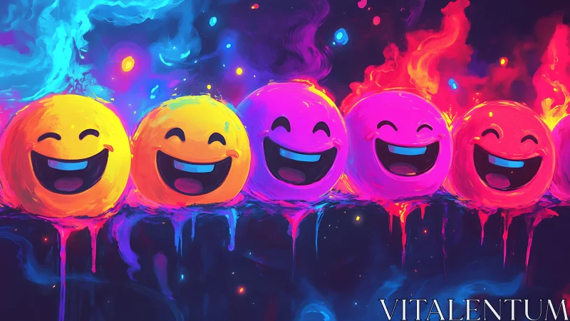 Neon smiley spheres form a dripping, flame edged chromatic band