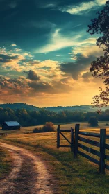 Sunlit country lane curves toward distant barn at sunset