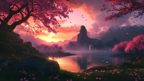 Radiant sakura valley at sunset with volumetric atmosphere.