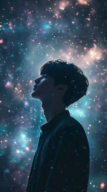 Male silhouette in cosmic nebula field rendered as digital portrait