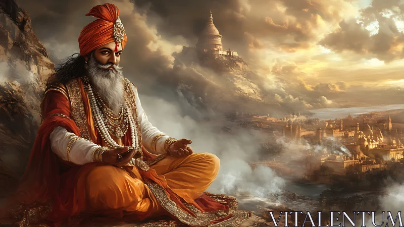 Robe-clad elder seated before mist-covered fantasy cityscape.