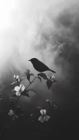 Silhouetted songbird perches among whispered blooms.