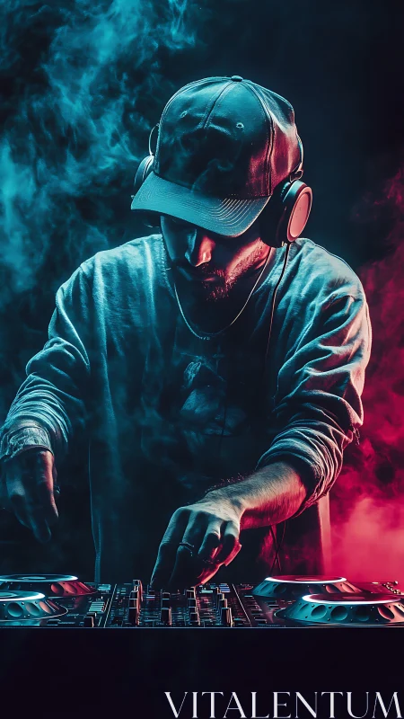 Smoke-draped DJ bends neon light into pulsing midnight beats