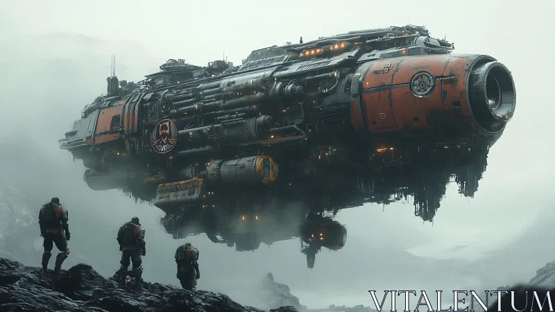 Cinematic digital painting of industrial dropship over tundra.