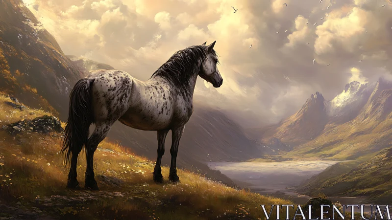 Spotted horse overlooks luminous alpine valley under stormlit clouds